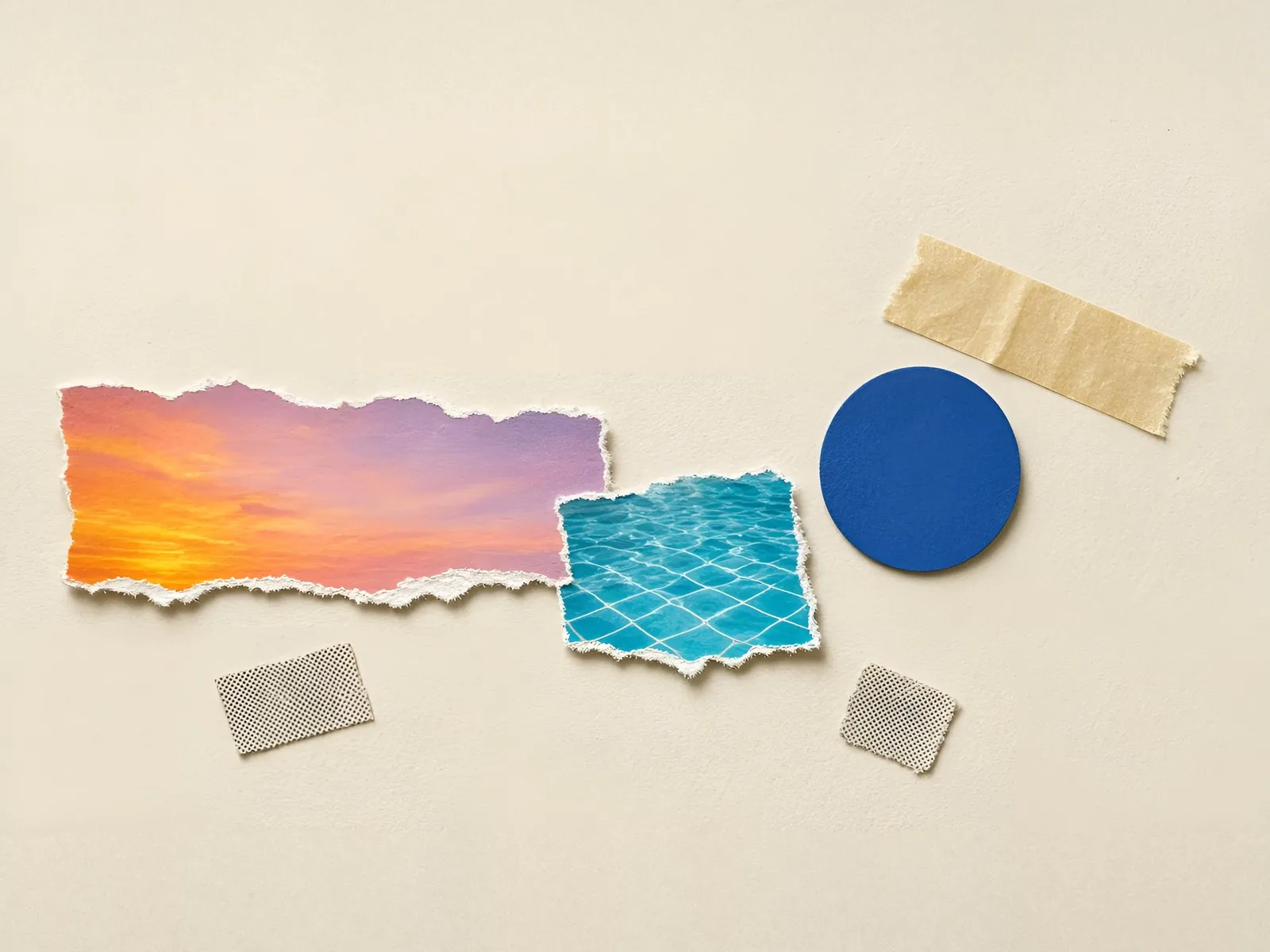 Collage of a torn sunset strip, a scrap of pool water, a blue paper dot and bits of tape