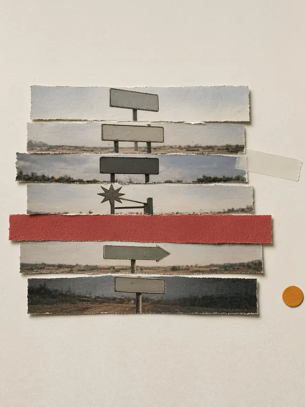 Sign photos cut into horizontal strips and restacked with a red band and tape