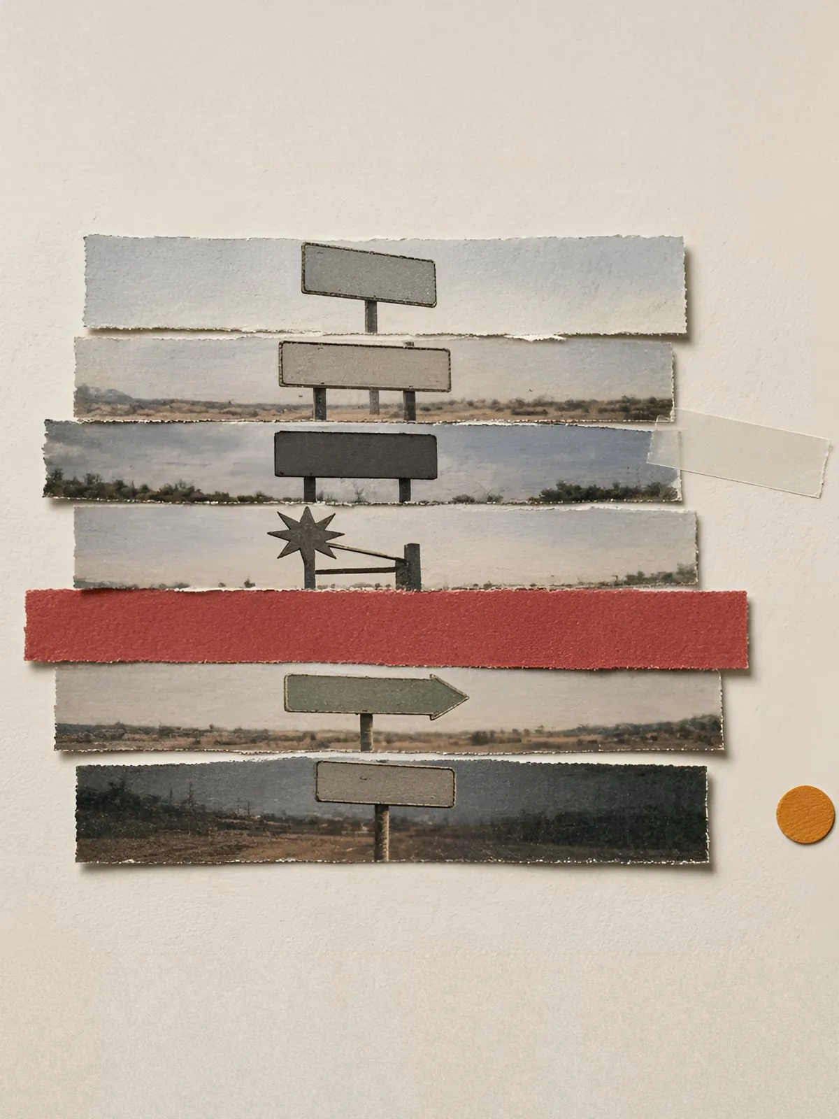 Sign photos cut into horizontal strips and restacked with a red band and tape