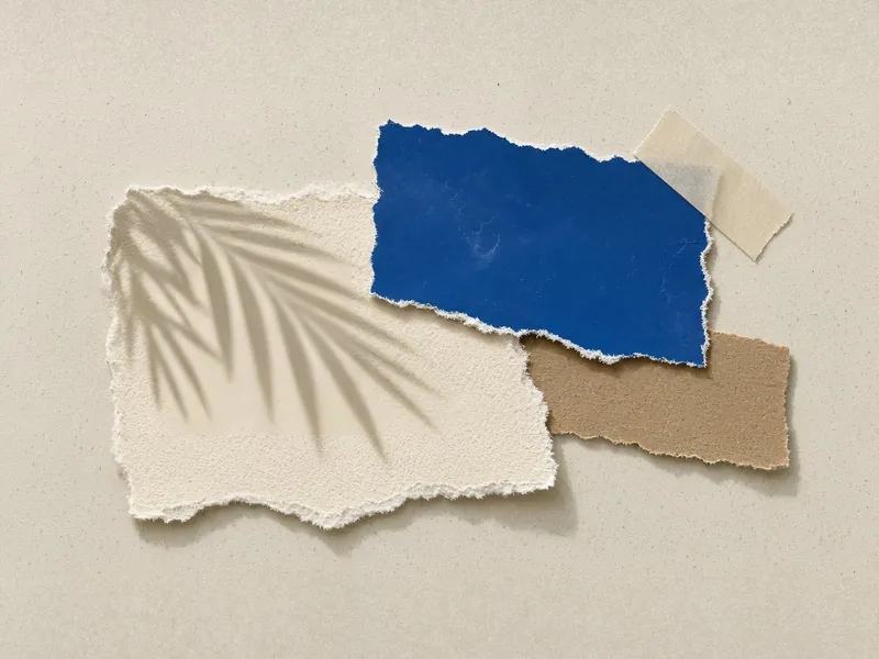 Layered torn papers in kraft, ink blue and peach with a halftone palm and a strip of tape
