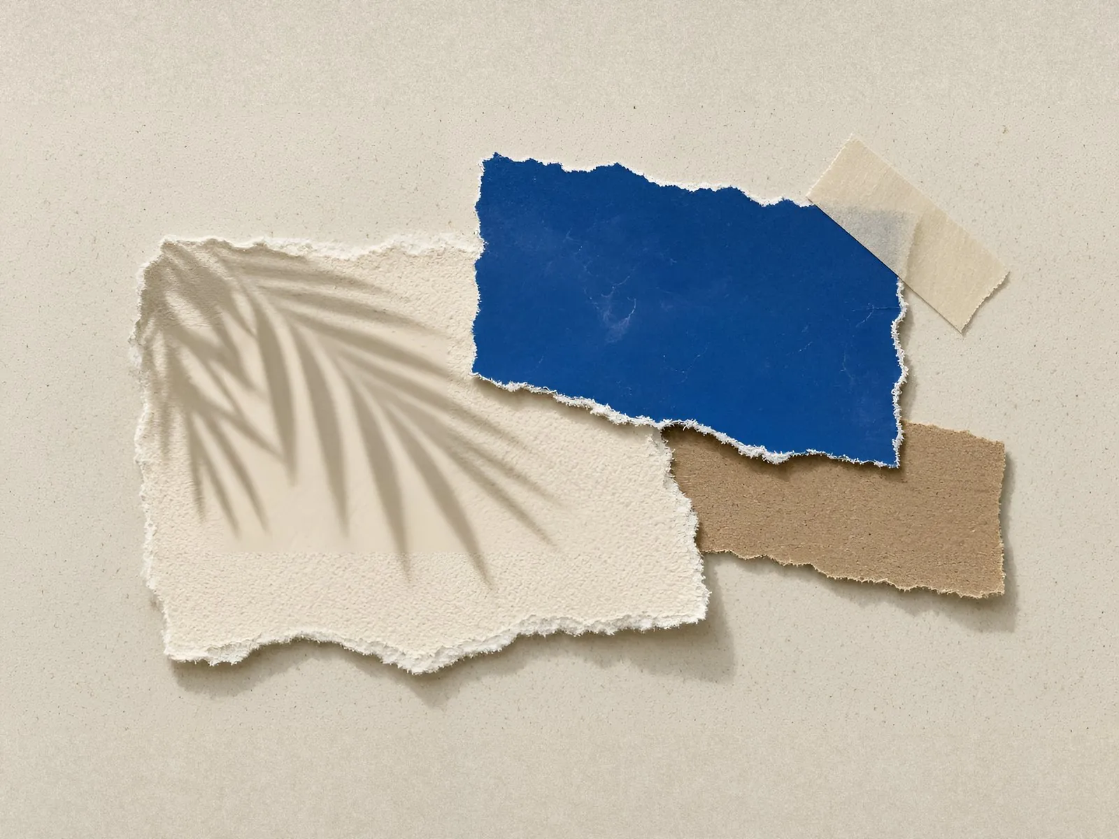 Layered torn papers in kraft, ink blue and peach with a halftone palm and a strip of tape
