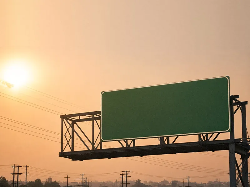 A blank green freeway sign against a purple and orange dusk sky