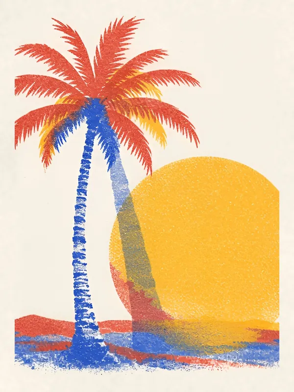 Risograph of a red and blue palm tree in front of a marigold sun