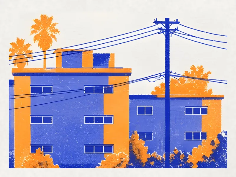 Two-color risograph of flat-roofed apartment blocks and a power line under a marigold sky
