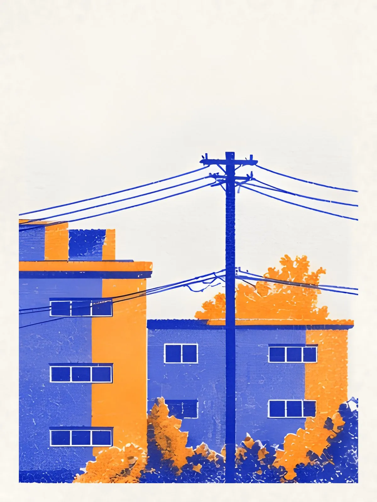 Two-color risograph of flat-roofed apartment blocks and a power line under a marigold sky