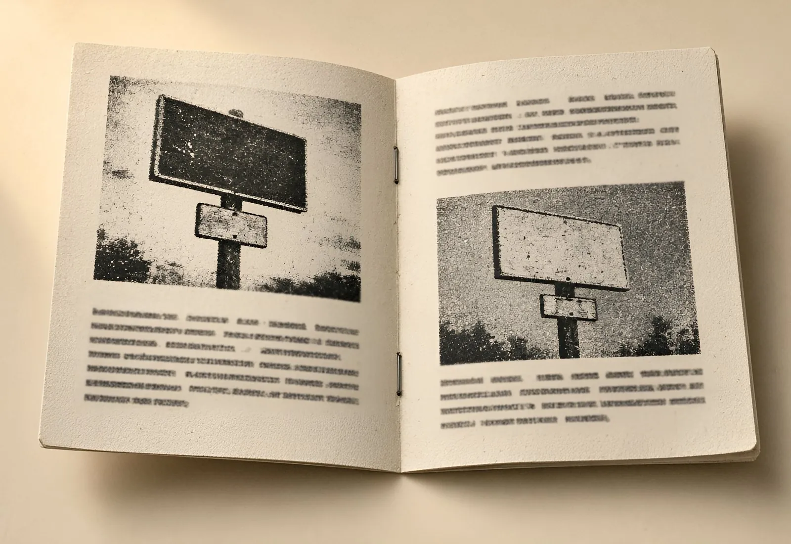 Open zine spread titled Signs for nowhere, a sign photo on the left and typed notes on the right