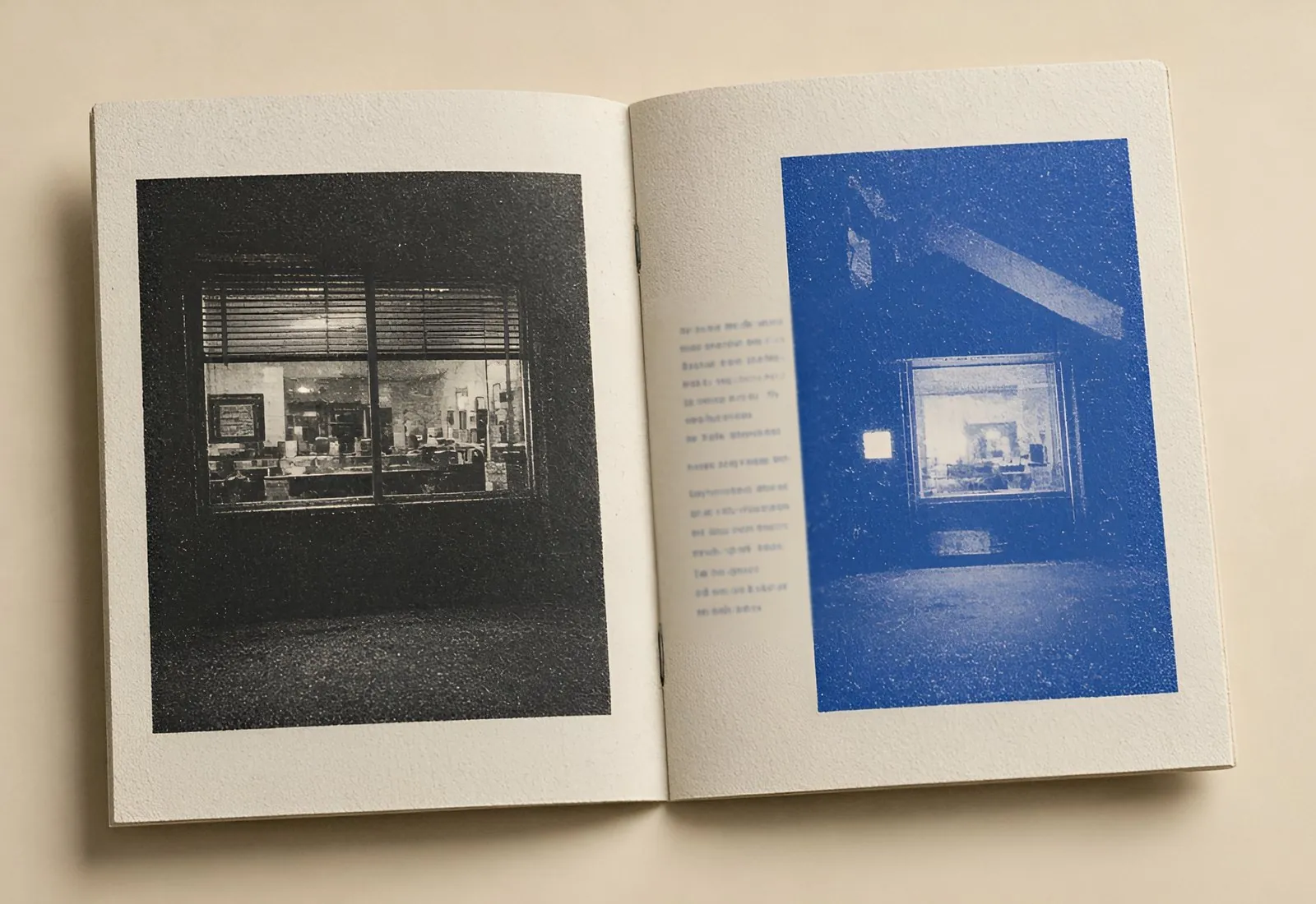 Open zine spread titled Open late, four small photos on the left and a blue taco window on the right
